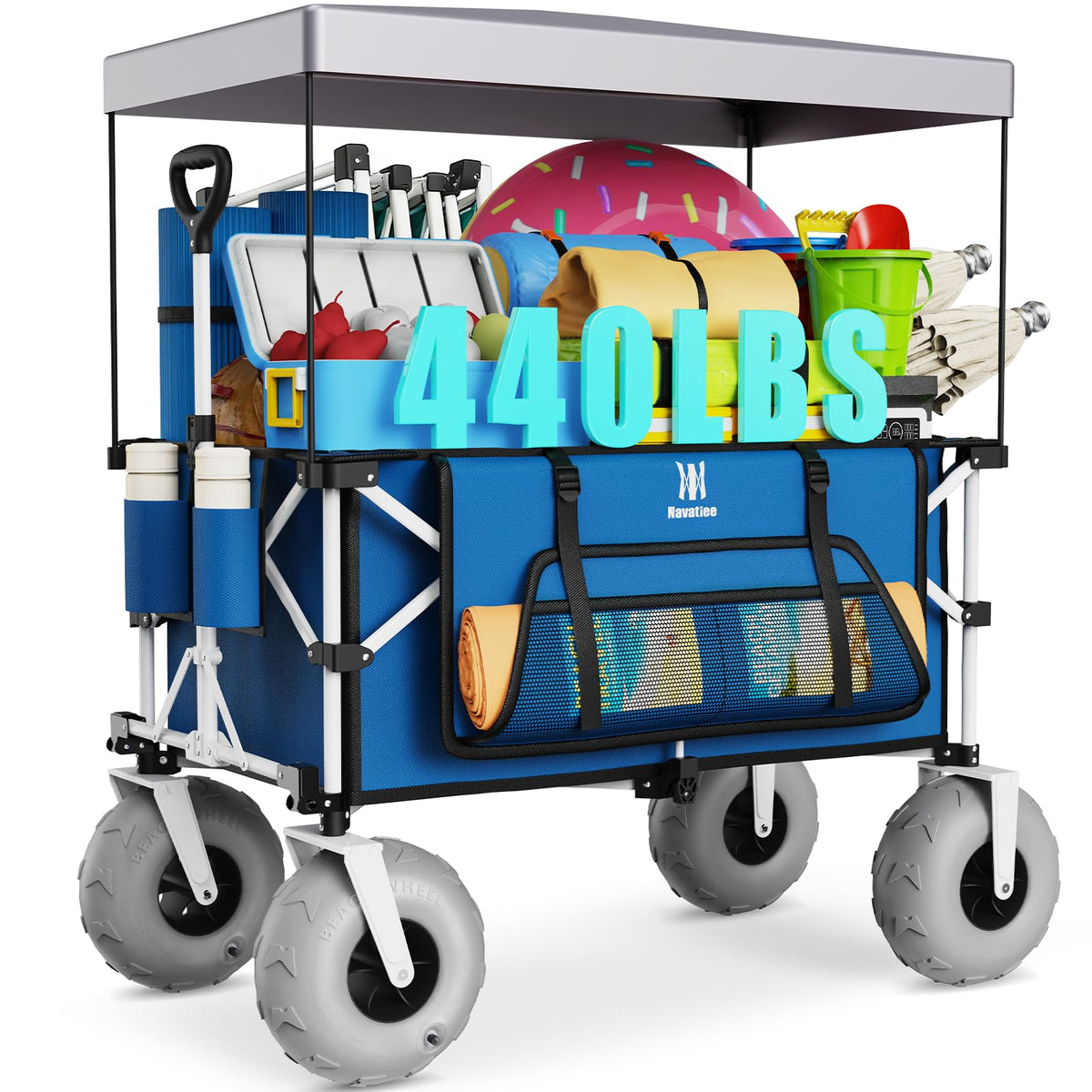 Navatiee Beach Wagon with 9-inch balloon wheels glides over sand for easy transport.
