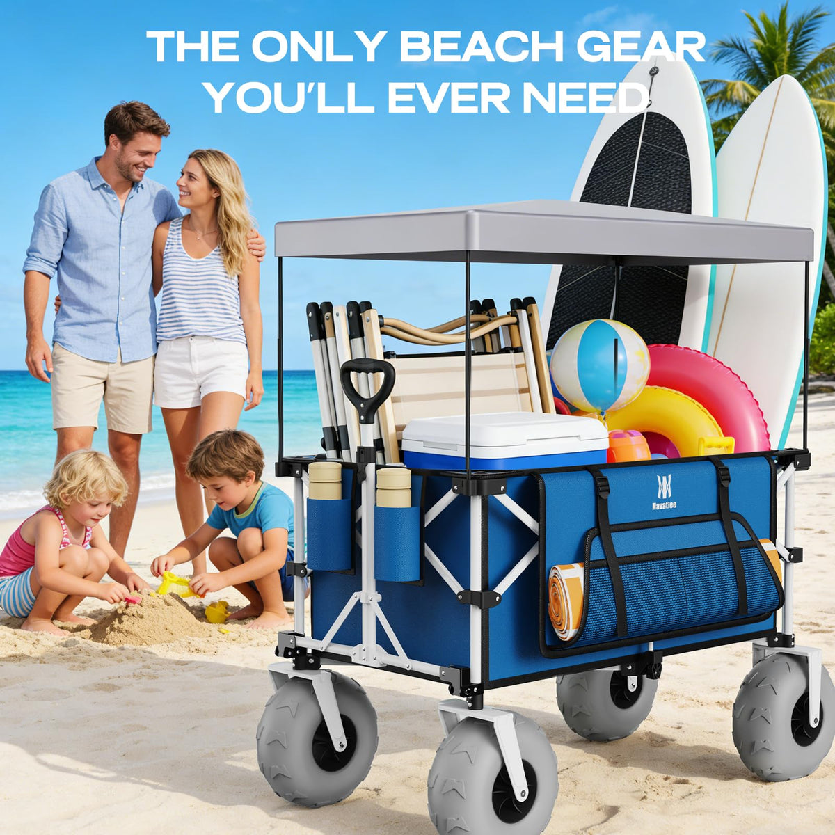 Navatiee Beach Wagon includes air pump for quick tire setup.