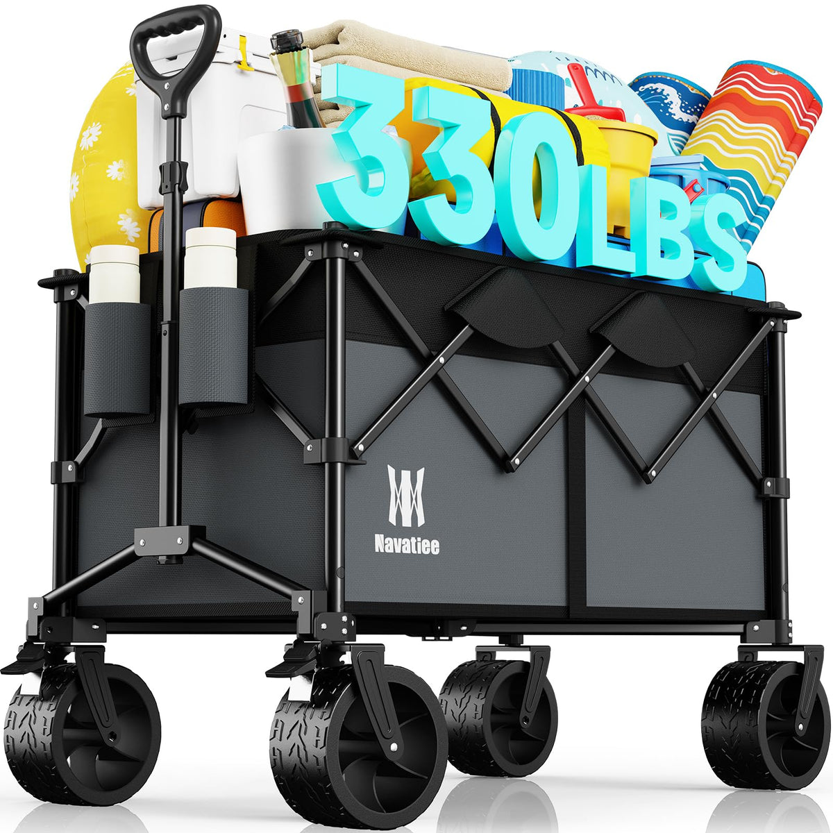 Navatiee folding wagon with wide wheels for easy family trips on sand and grass.