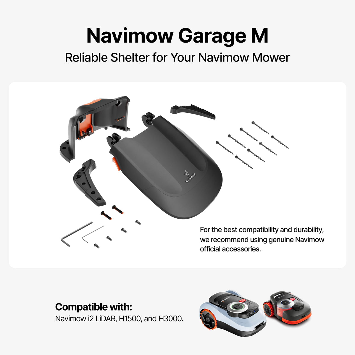 Navimow Garage M package includes wrenches, screws and fasteners.