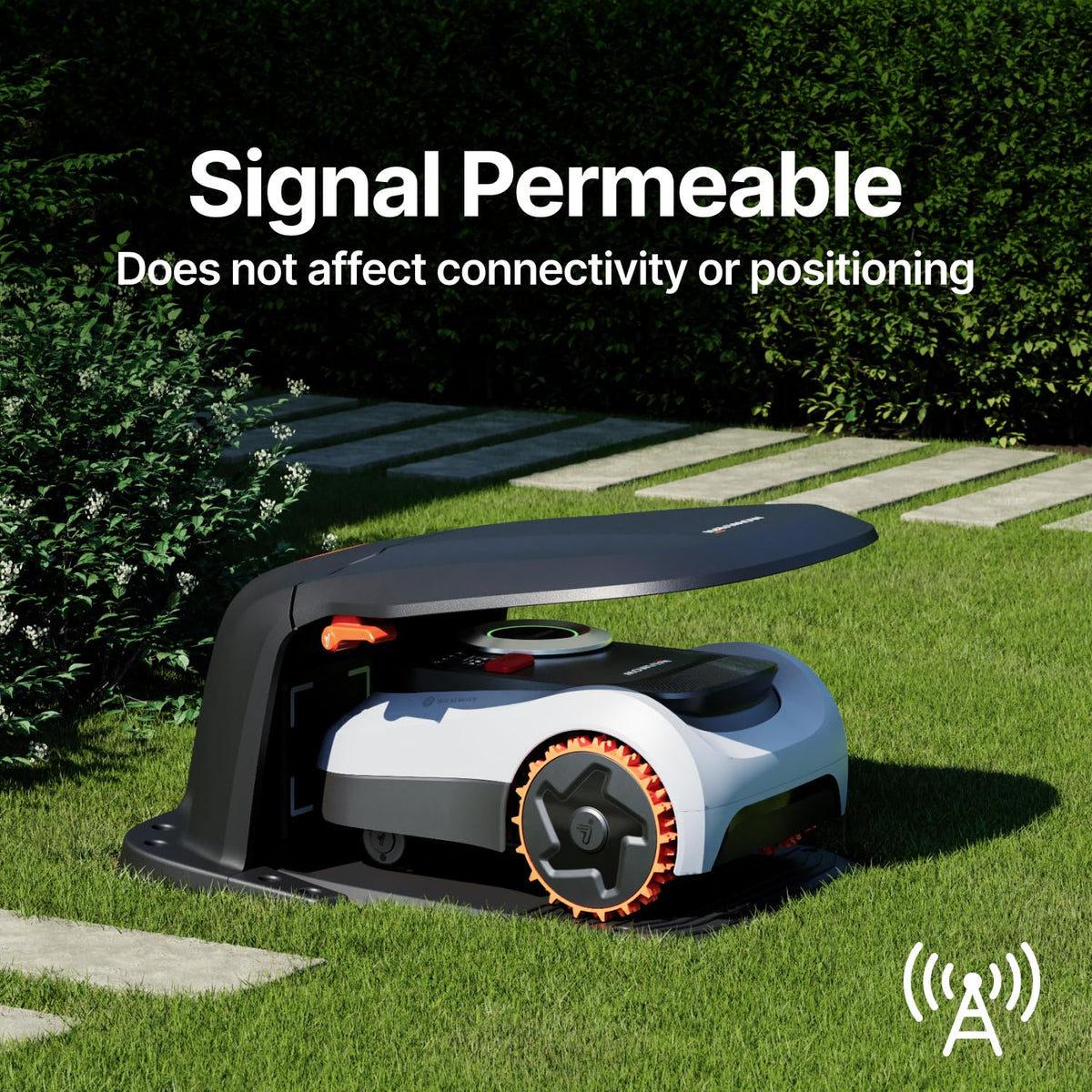 Navimow Garage M design preserves GPS and connectivity while shielding the mower.