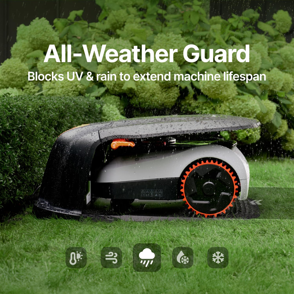Navimow Garage M provides sun and rain protection for outdoor charging.