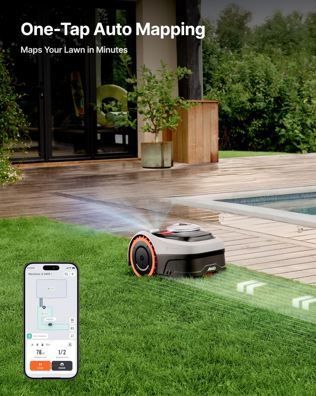 Navimow i210 AWD auto mapping with centimeter-accurate lawn coverage.