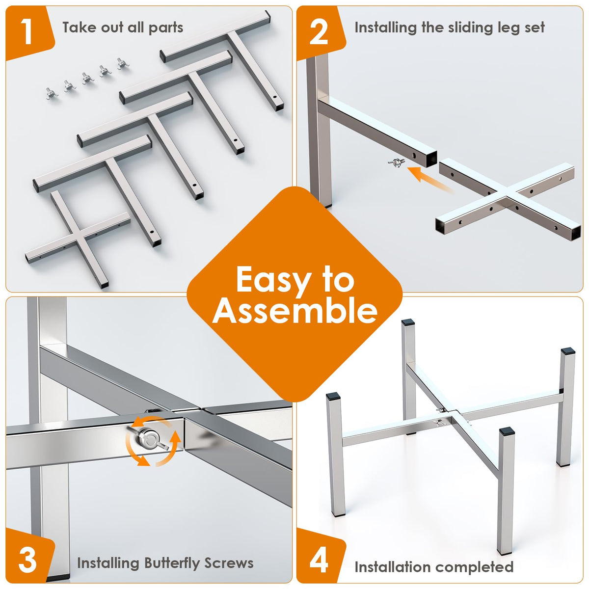 NBPLUS packaging includes all legs, cross frame, and butterfly screws for easy assembly.