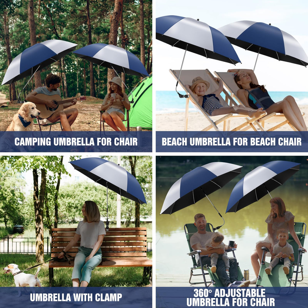 NBtoUS clip-on chair umbrella shown attached to a chair for portable shade.