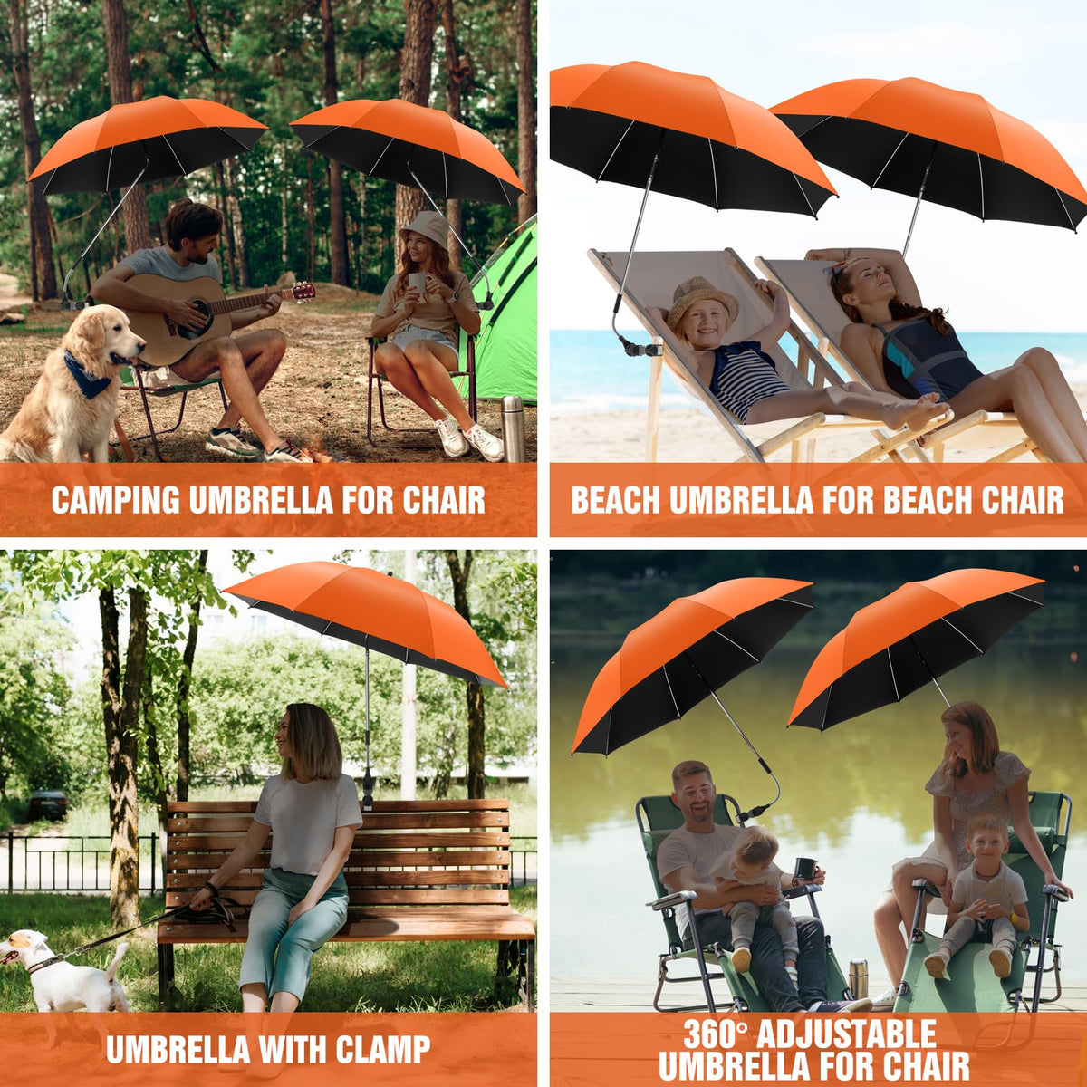 NBtoUS clamp with skid pad secures the umbrella to chairs or strollers.