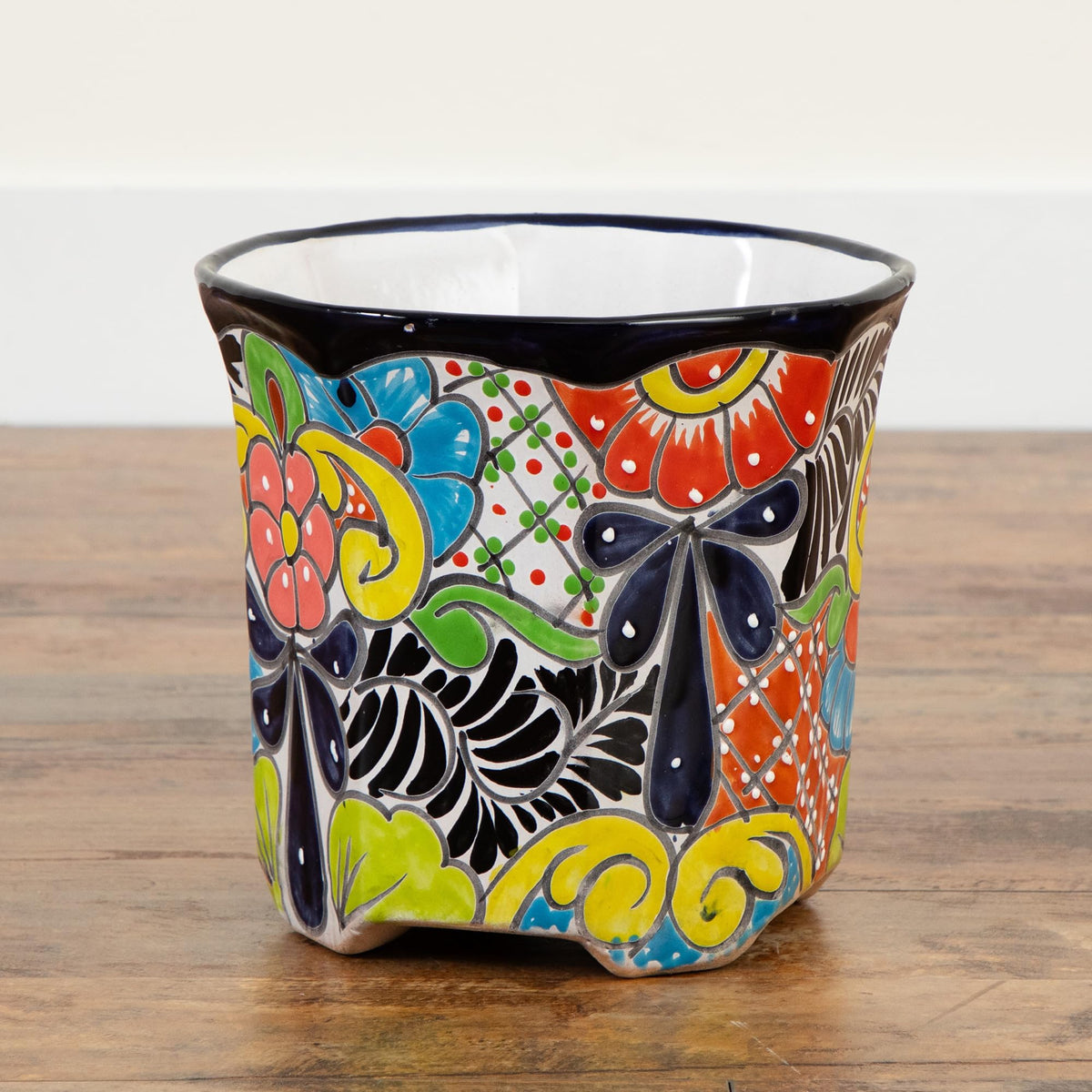Nearly Natural Talavera planter with detailed motifs, ideal for shelves and tabletops.