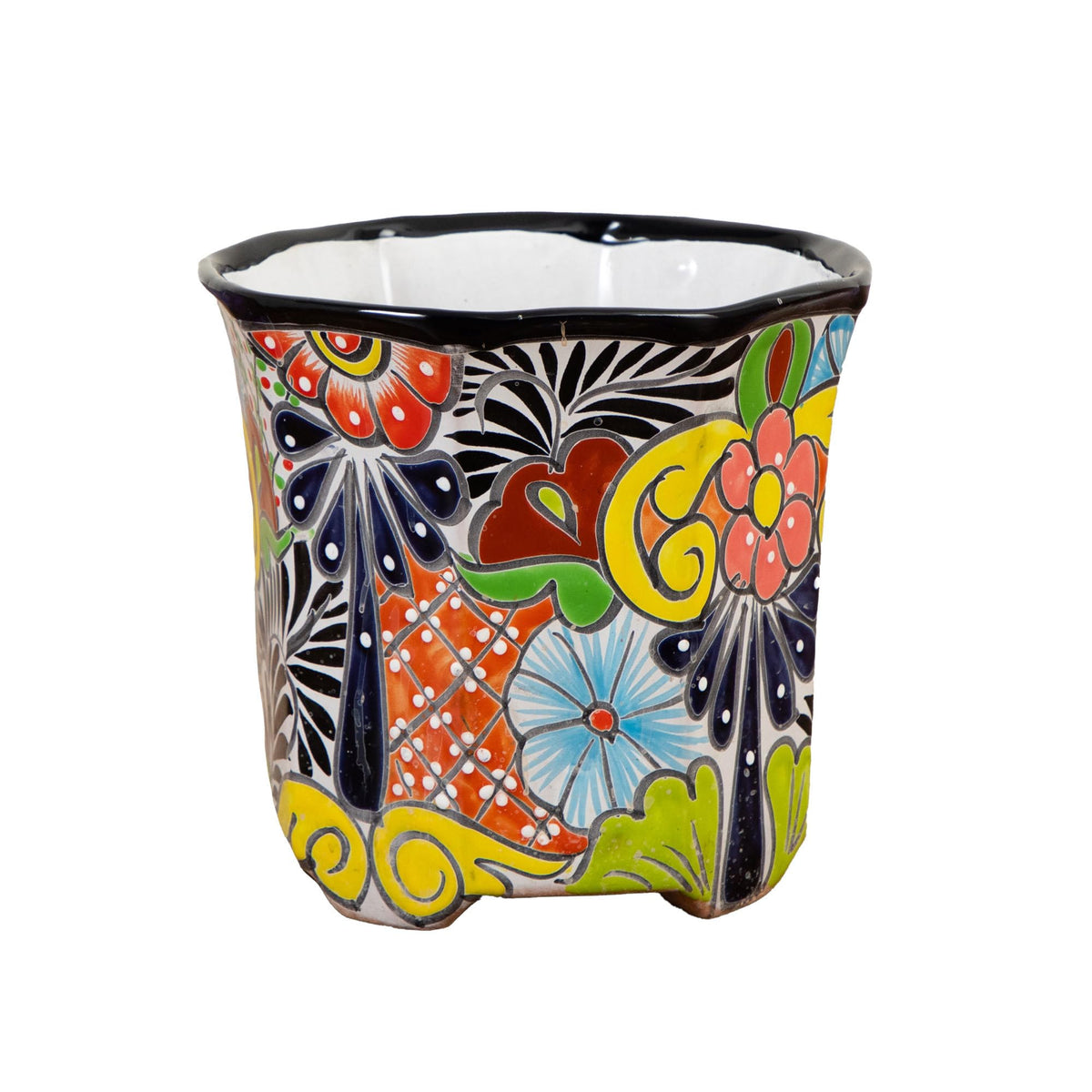 Nearly Natural Talavera planter with hand-painted design, ideal for bright living room decor.