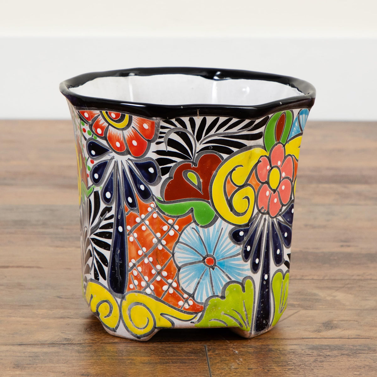 Nearly Natural Talavera planter with drainage hole, suitable for real or faux plants.