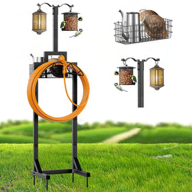 neatevday garden hose holder with storage basket keeps outdoor tools organized