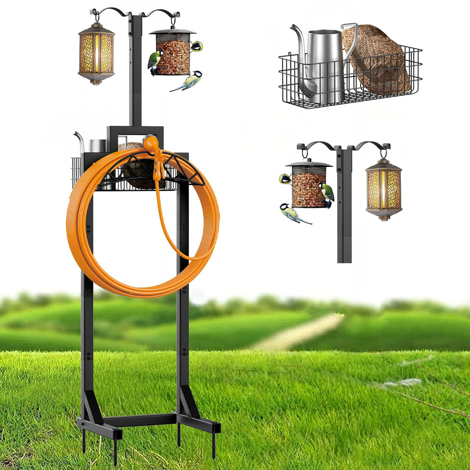 neatevday garden hose holder with storage basket keeps outdoor tools organized