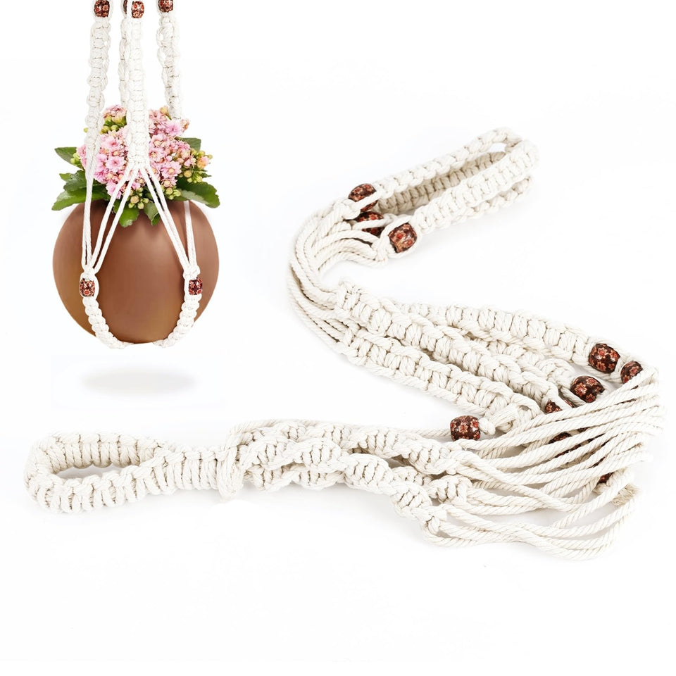 Necamocu ivory macrame plant hanger, 33 inches, displaying a 6–12 inch pot.