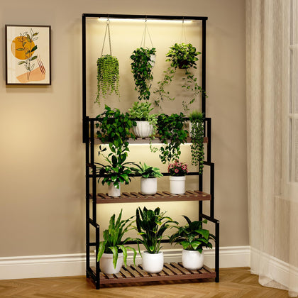 Nedechom hanging plant stand with grow light on top pole illuminating display