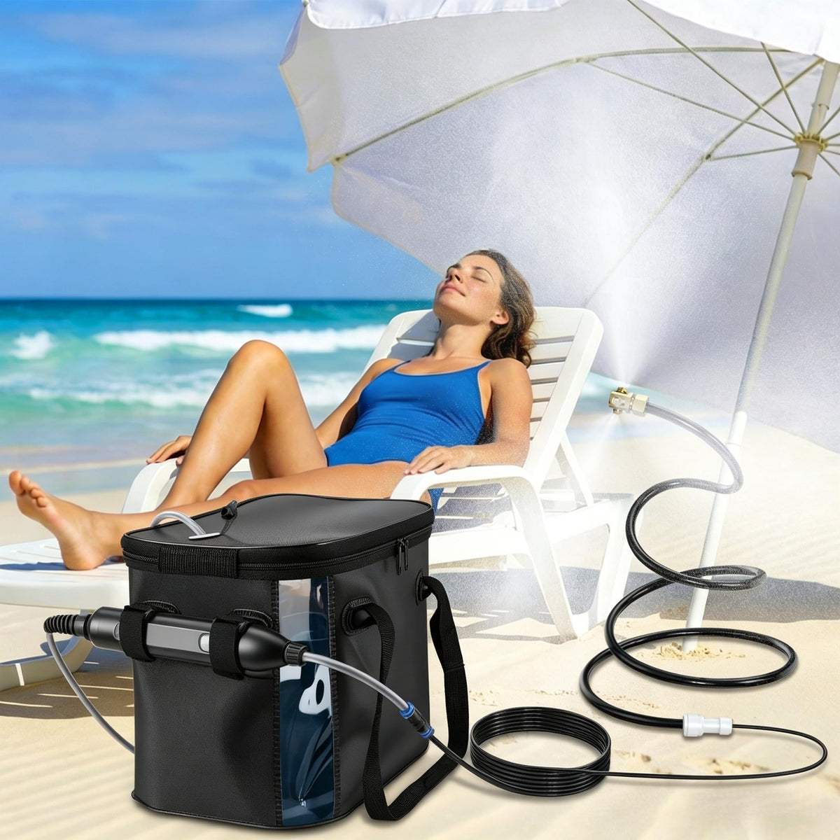 Neitra portable misting system setup for outdoor cooling on patio