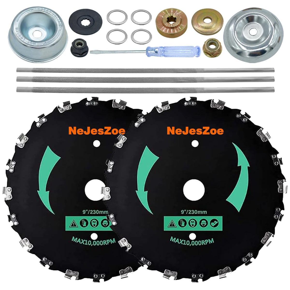 NeJesZoe 2-set 9-inch chainsaw tooth blades ready for universal trimmer compatibility and sharp cuts.