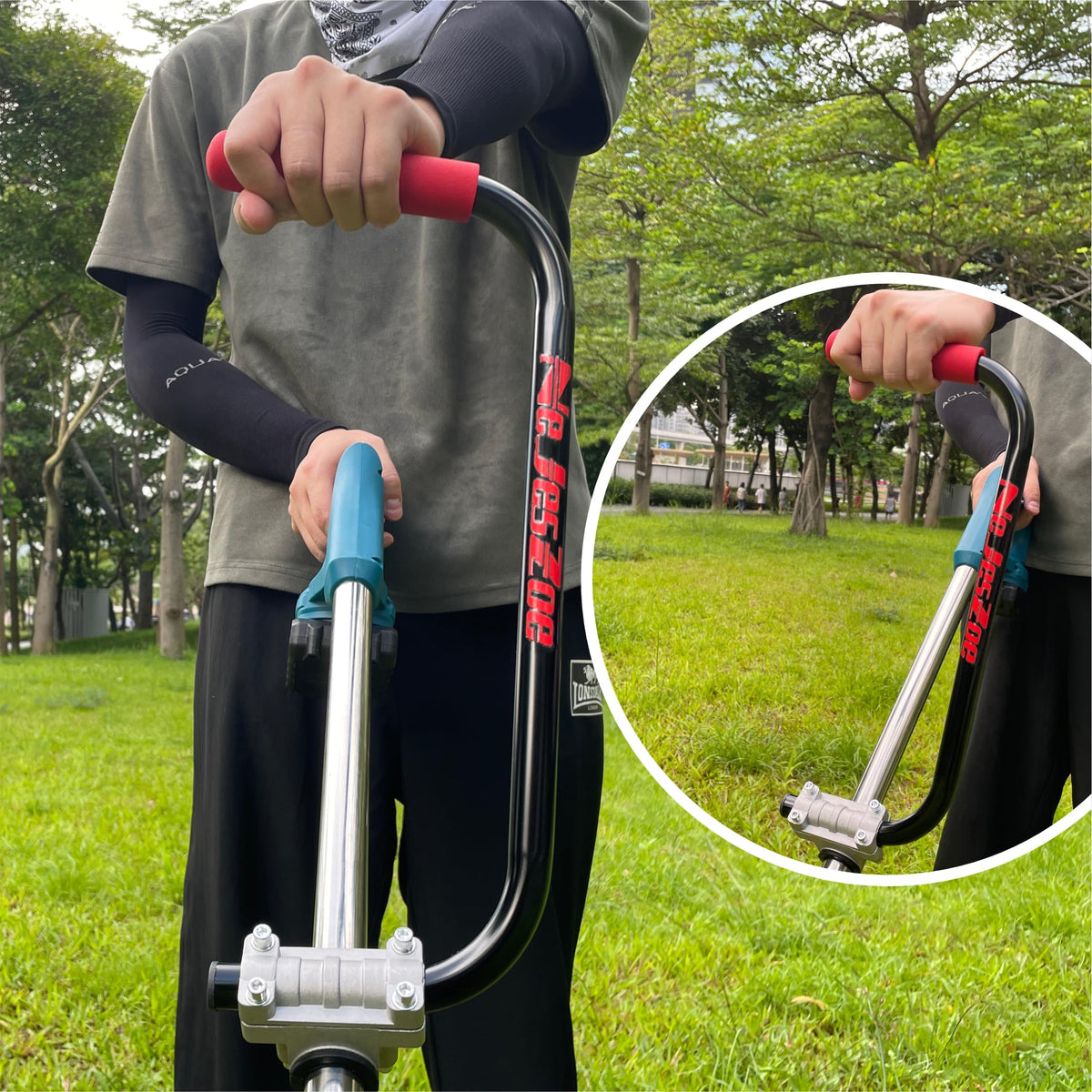 Bracket clamp assembly secures the handle on most trimmer shafts