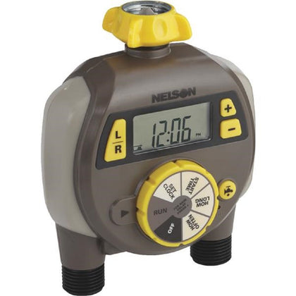 Nelson dual outlet water timer with large LCD display; multicolor, easy scheduling for multiple garden zones.