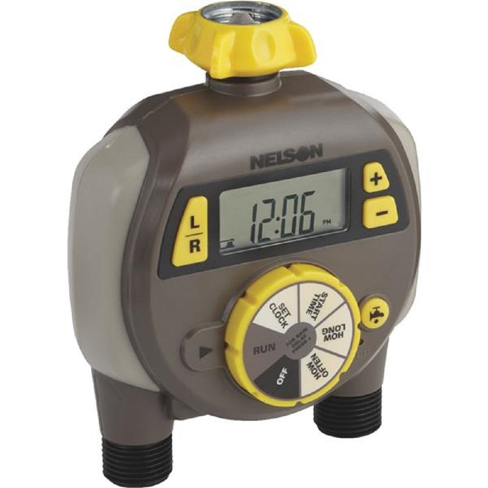 Nelson dual outlet water timer with large LCD display; multicolor, easy scheduling for multiple garden zones.