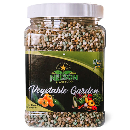 Nelson NutriStar 12-14-11 bag for vegetable gardens boosts vigorous growth.