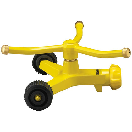 Nelson three-arm square-pattern sprinkler with metal wheel base for easy, even lawn irrigation