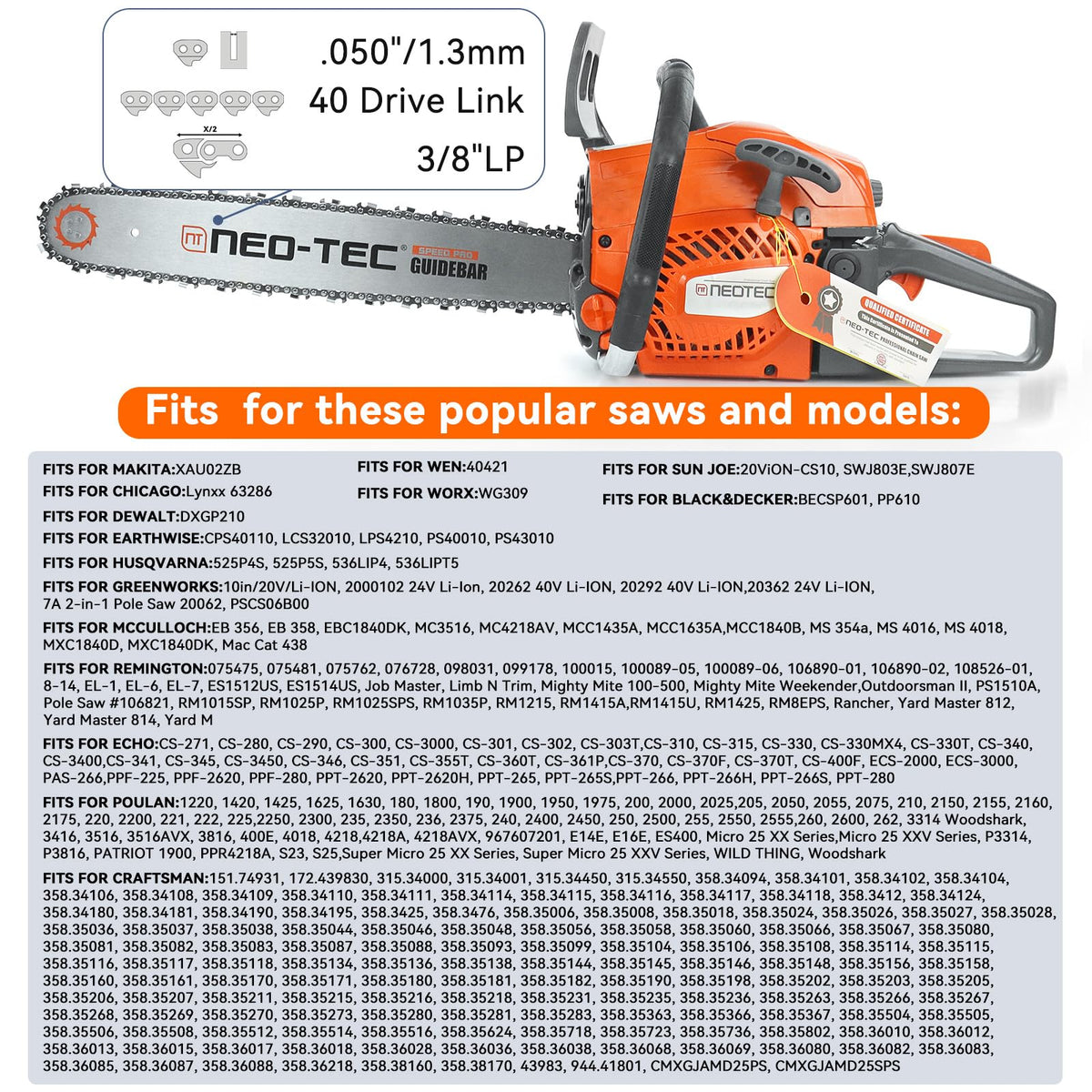 NEO-TEC 10 inch chain mounted on a saw bar during pruning