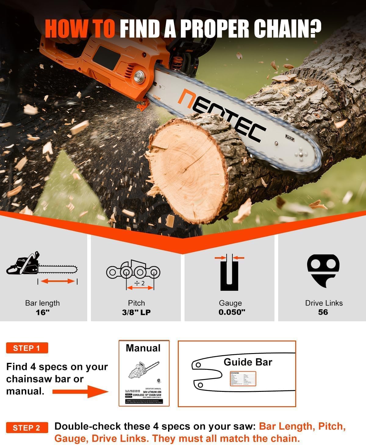 NEO-TEC 16-inch chainsaw chain side view highlights chrome plating for wear resistance.