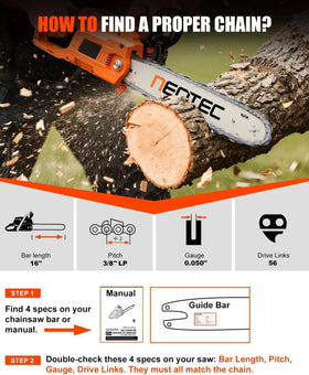 NEO-TEC 16-inch chainsaw chain side view highlights chrome plating for wear resistance.