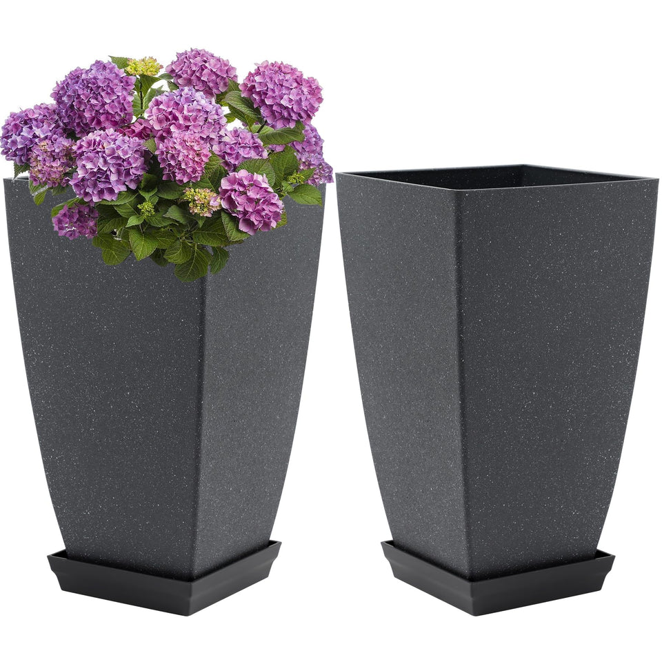 Neoaider 21-inch cement-gray tall planter outdoors with drainage hole.