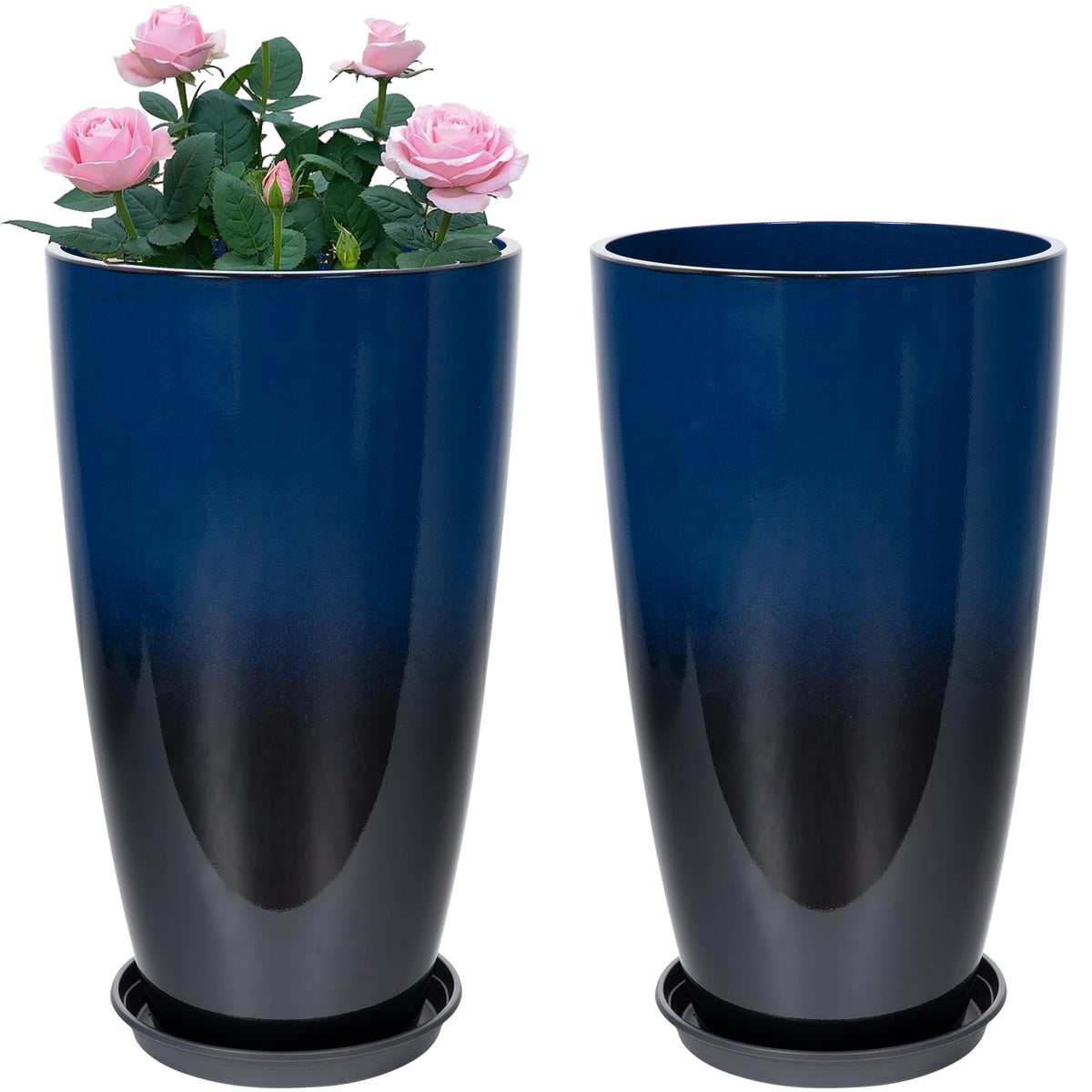 Neoaider ceramic-look tall planter in dark blue, ideal for outdoor display with drainage.