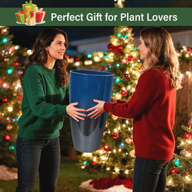 Neoaider dark-blue tall planter on window sill inspires year-round greenery.