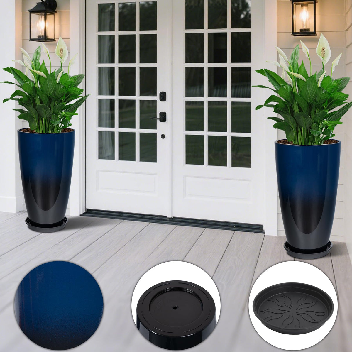 Neoaider balcony planter, dark blue, complements greenery on small spaces.