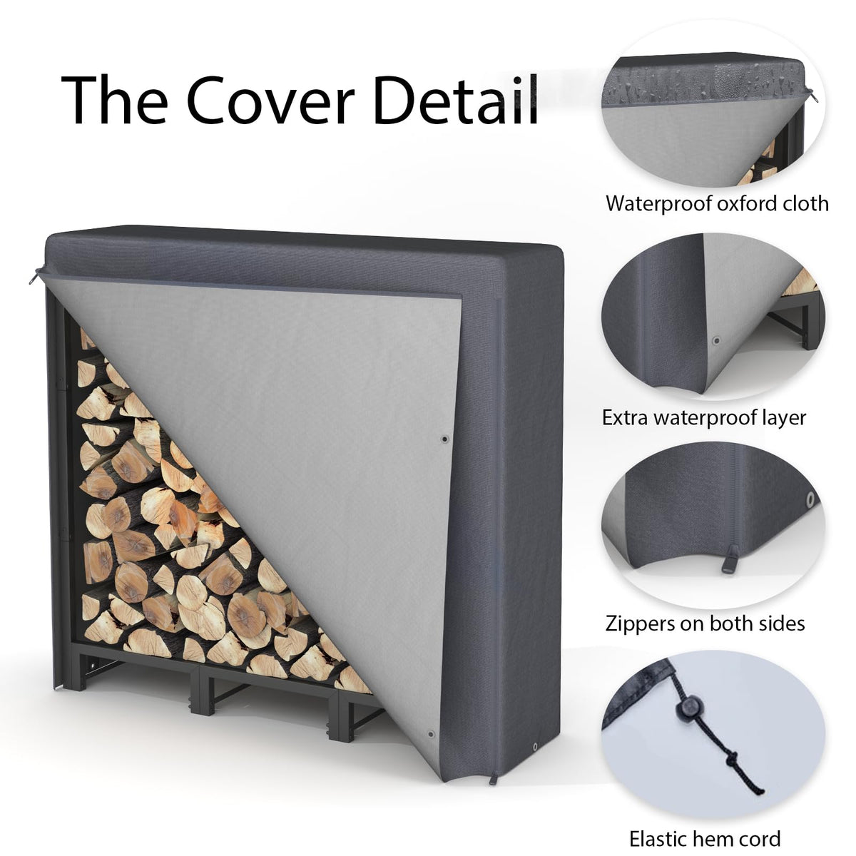 NEOCOZY firewood rack shows adjustable length for indoor or outdoor setups.