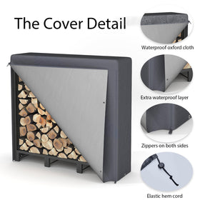 NEOCOZY firewood rack shows adjustable length for indoor or outdoor setups.