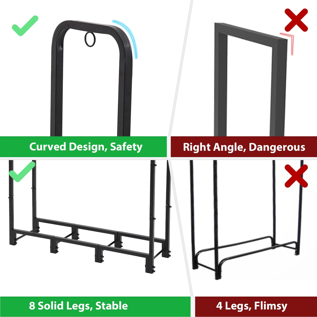 NEOCOZY powder-coated steel rack elevates logs off damp ground.
