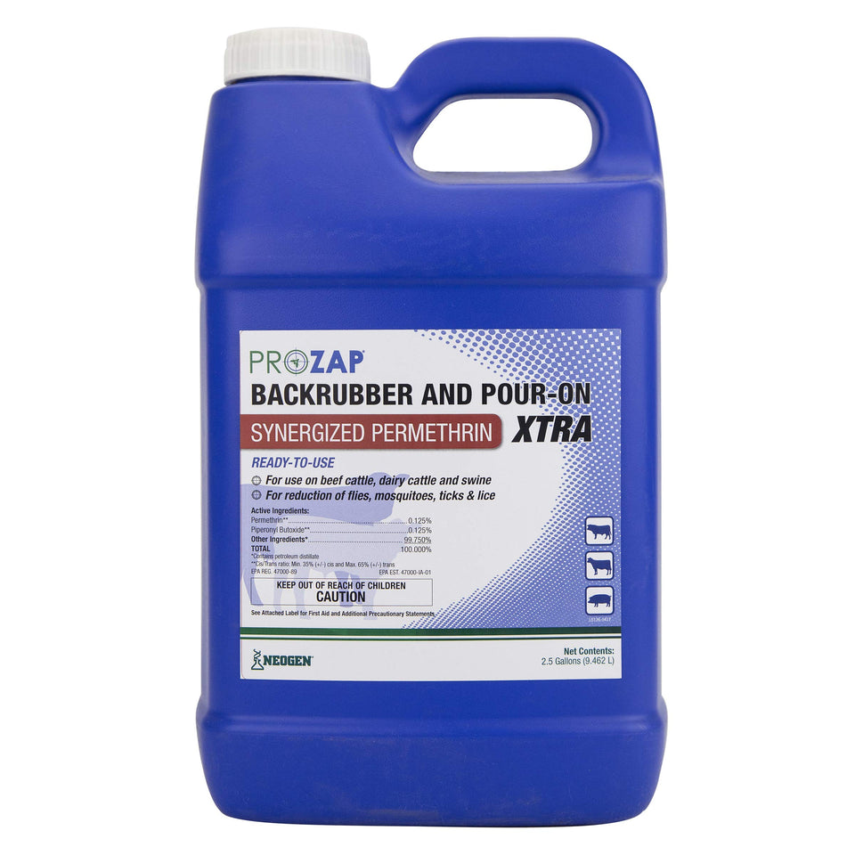 Neogen Prozap Backrubber & Pour-On bottle protects cattle and swine from pests.