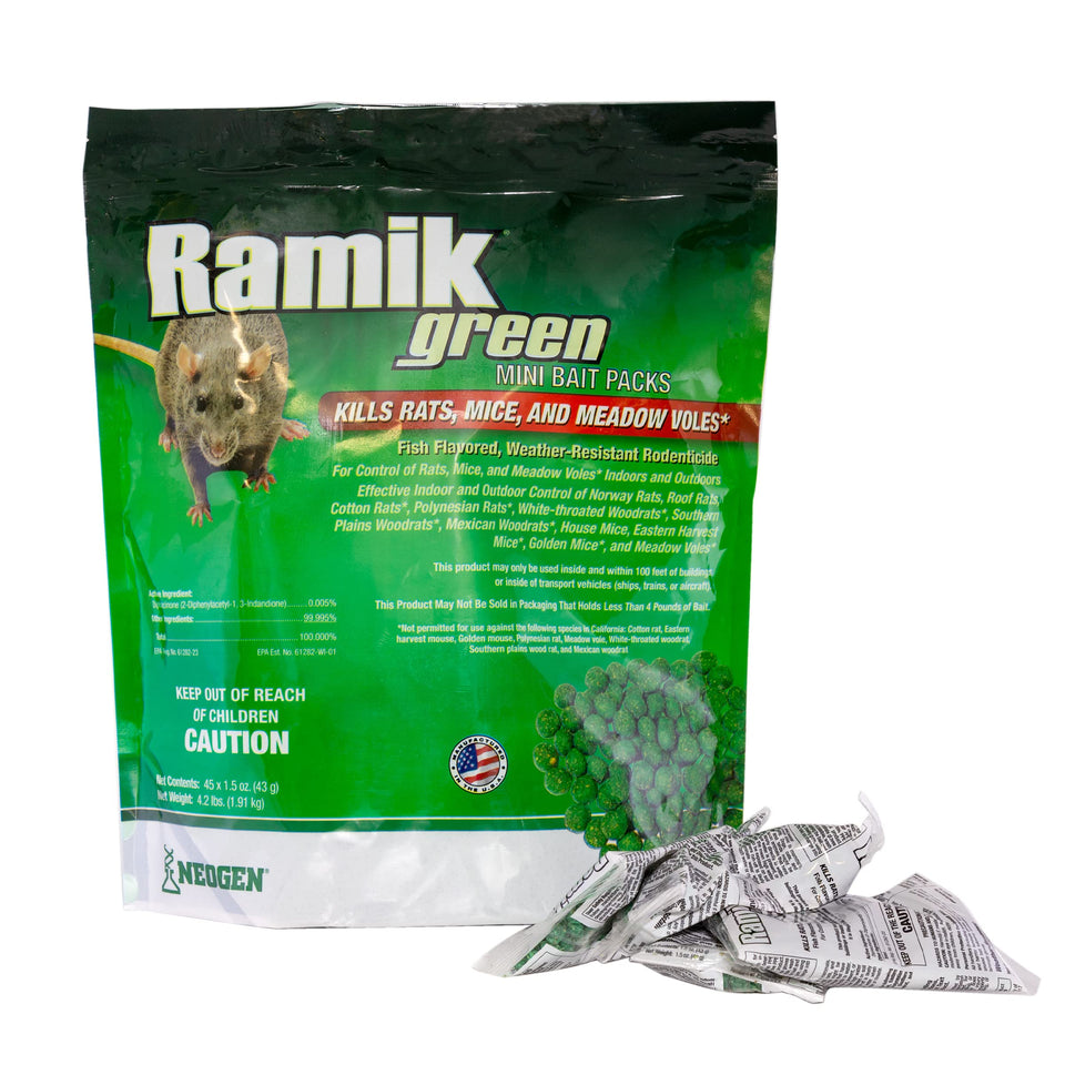 Neogen Ramik Green 45-mini bait packs ready for rodent control in commercial or residential settings.