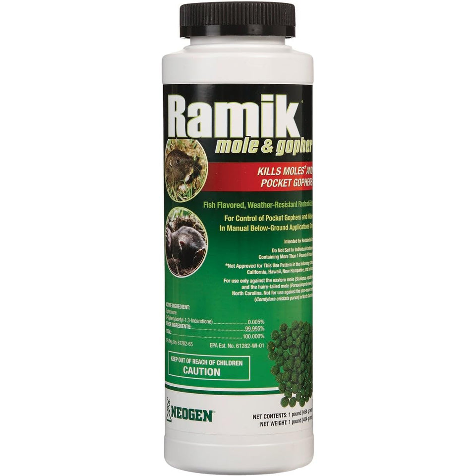 Neogen Ramik mole and gopher nugget bait for lawn and garden pest control.