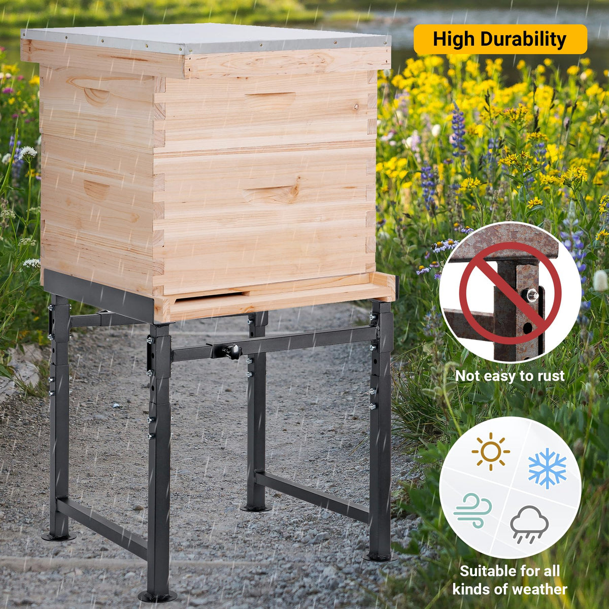 Neorexon durable carbon steel hive stand with black coating withstands weather and pests.