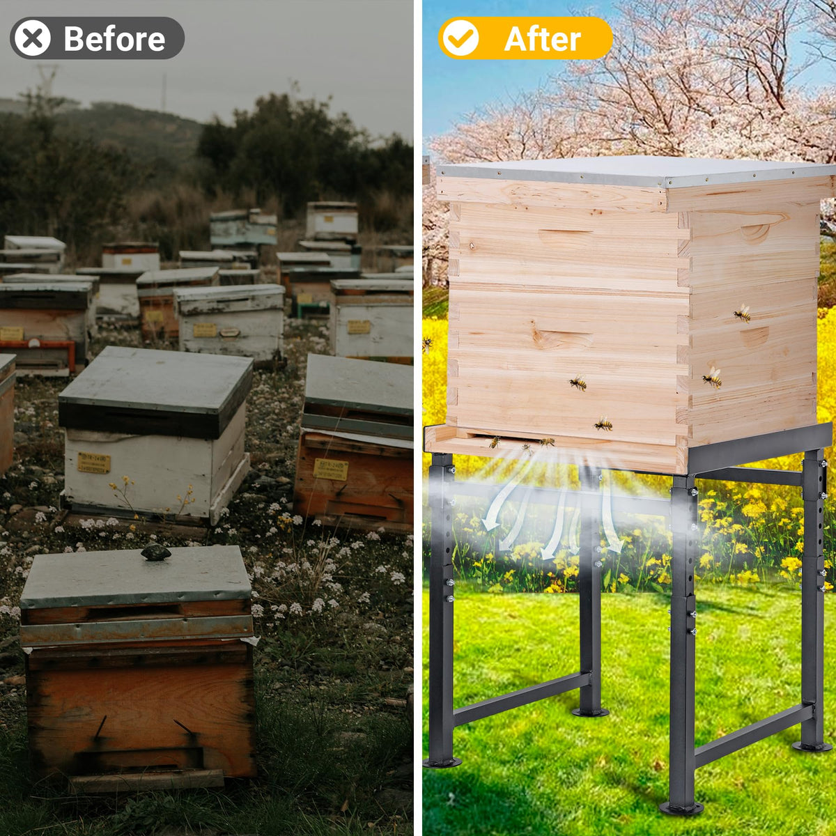 Neorexon easy-assembly beehive stand ships with complete hardware.