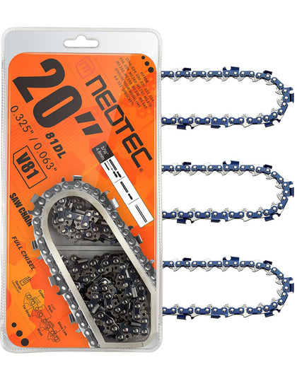 NEO-TEC 20-inch chain close-up shows 0.325 pitch for consistent cuts.