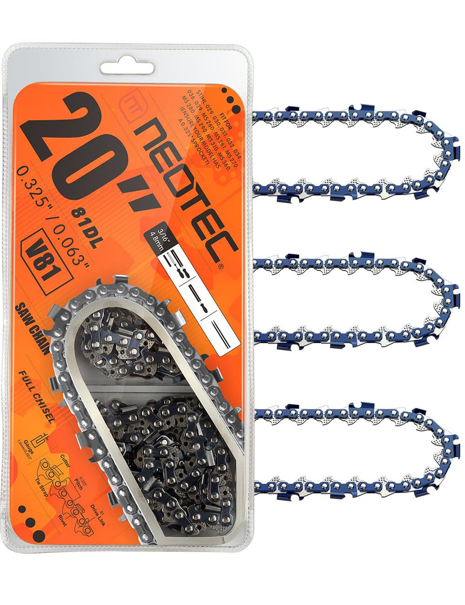 NEO-TEC 20-inch chain close-up shows 0.325 pitch for consistent cuts.
