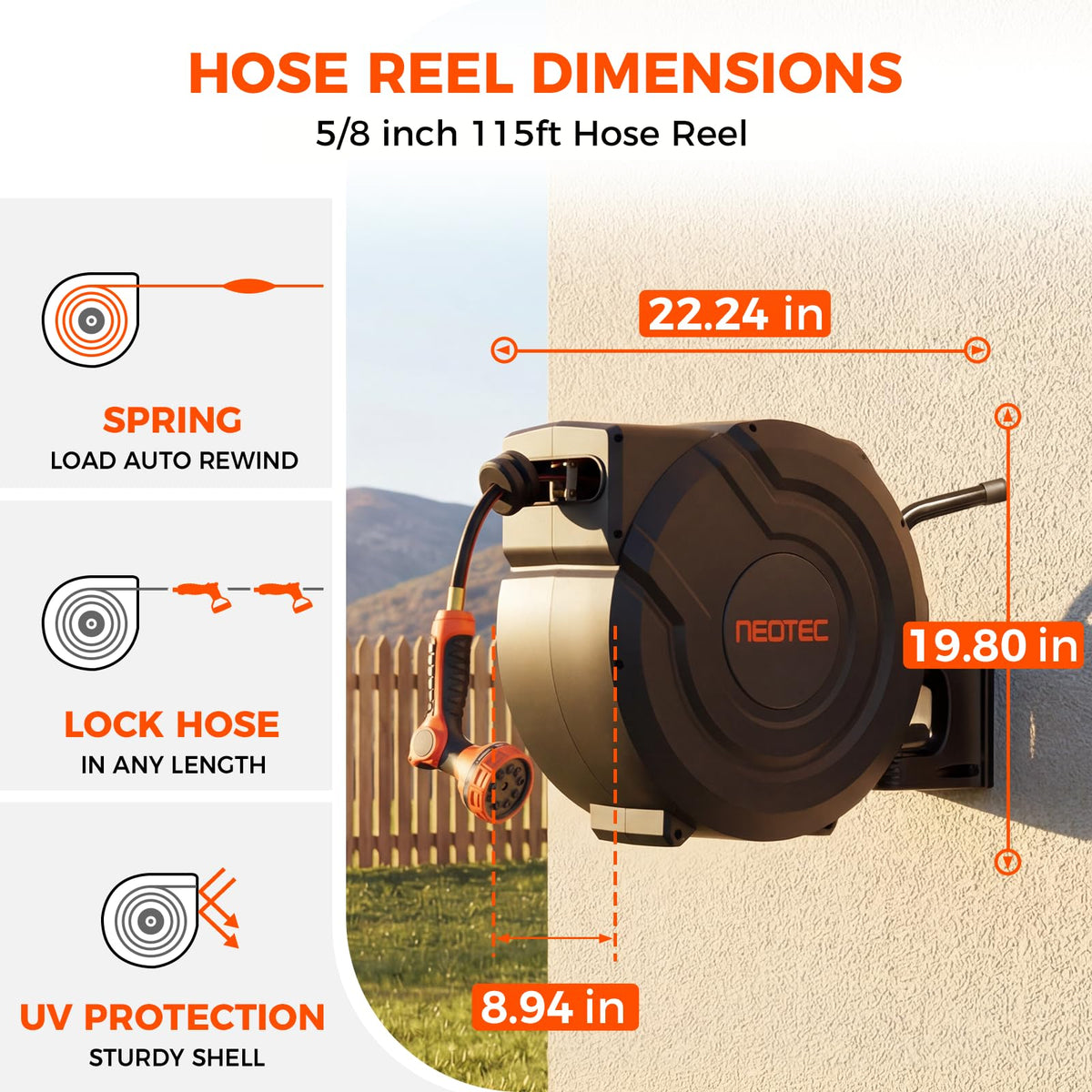 NEOTEC hose reel with anti-jam auto-lock system prevents tangles during rewinding