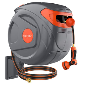NEO-TEC wall-mount retractable hose reel showing tidy storage and 100 ft reach