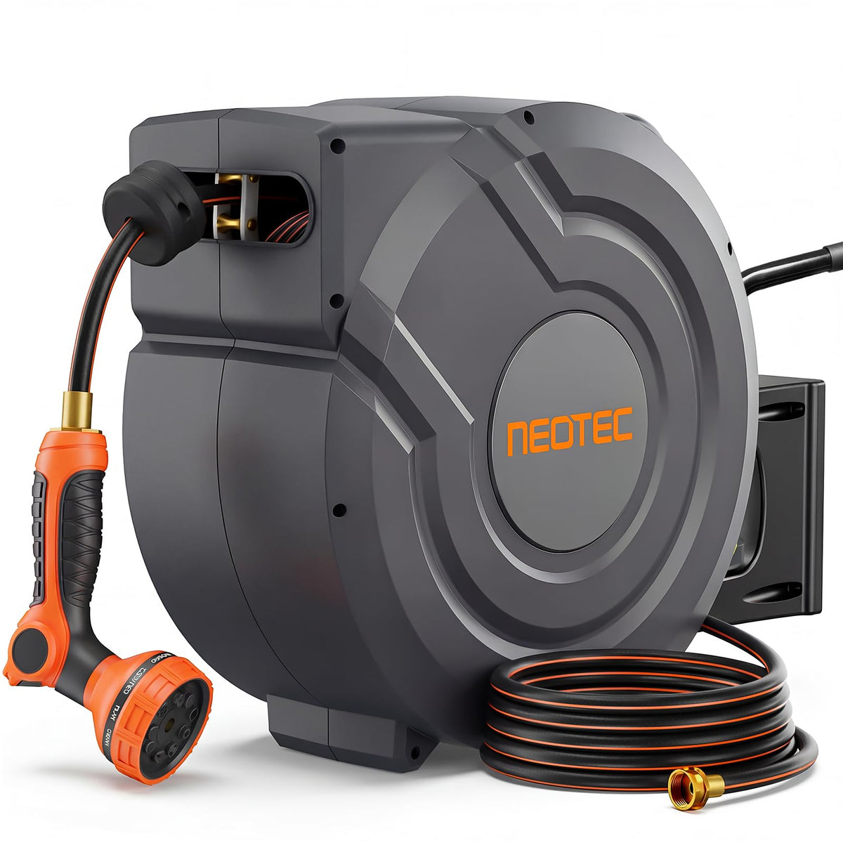 NEOTEC retractable hose reel mounted on a wall for easy outdoor watering