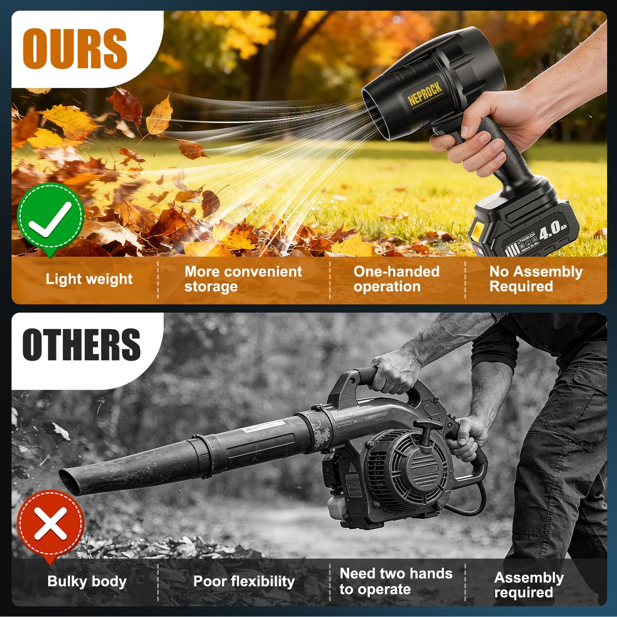 Neprock cordless leaf blower power close-up highlights high RPM and airflow
