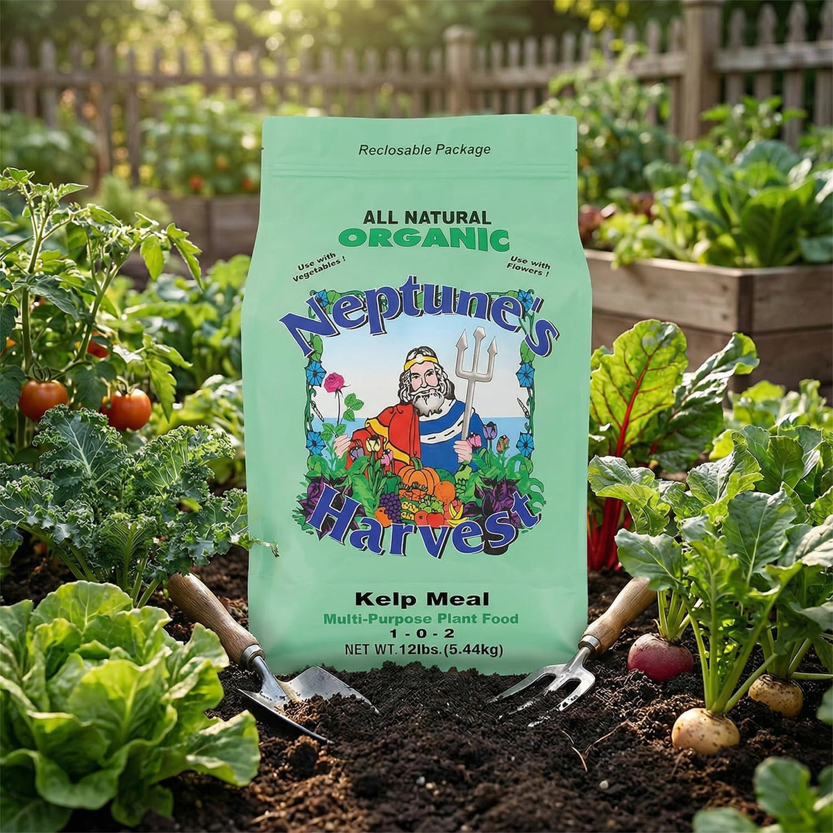 Neptune's Harvest 12 lb resealable bag preserves kelp meal freshness for ongoing feeding.