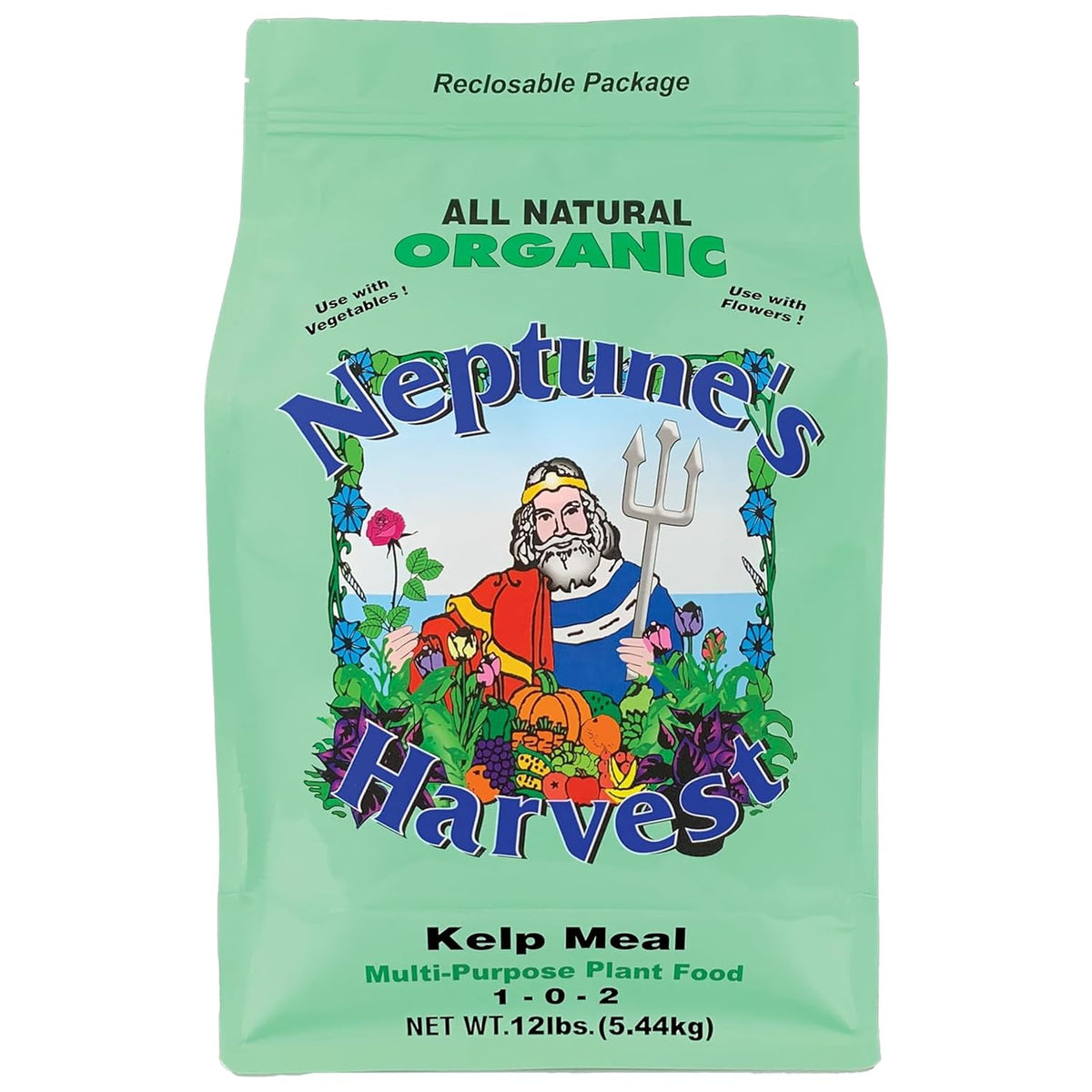 Neptune's Harvest Organic Kelp Meal bag boosting soil health for vegetables and lawns.