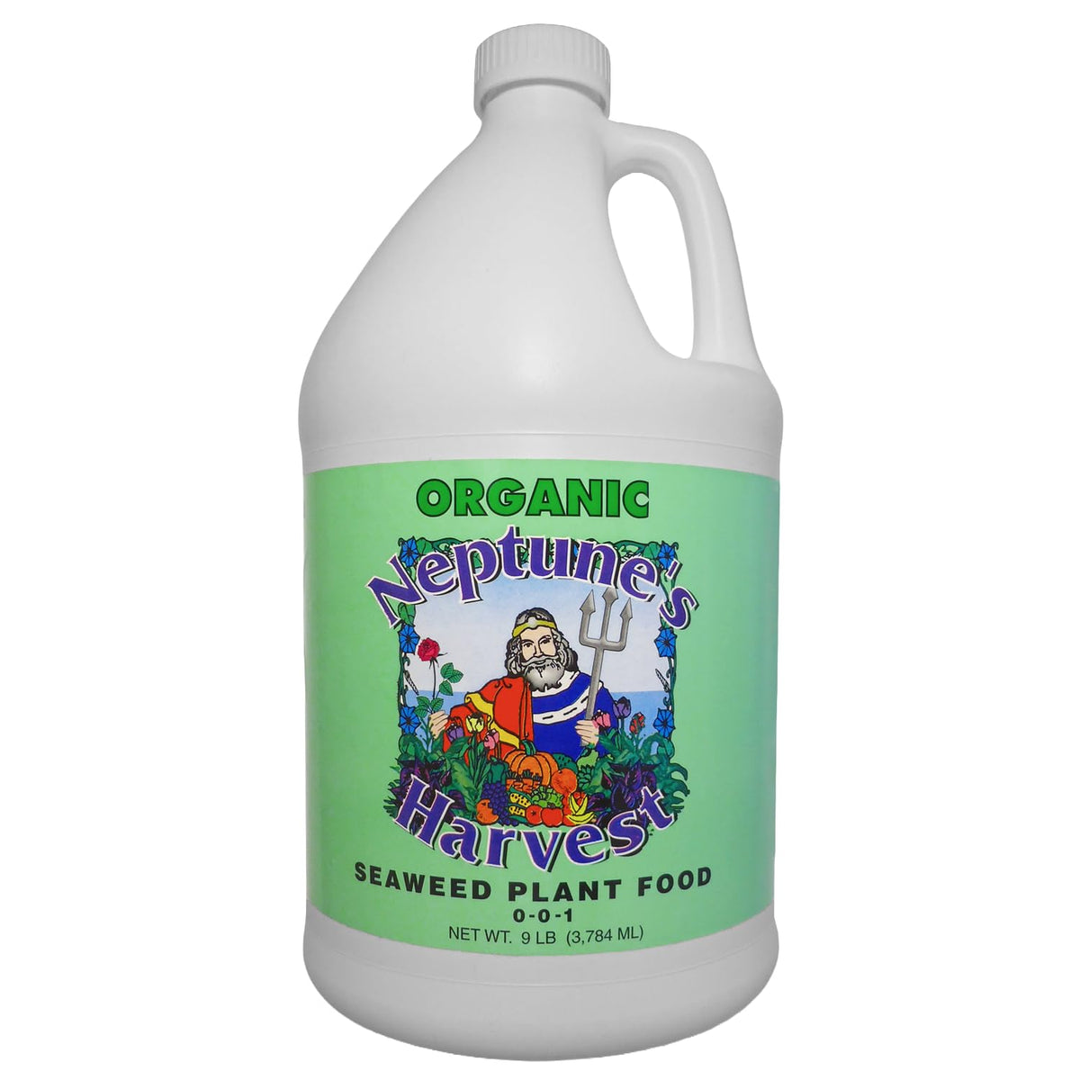 Neptune’s Harvest Seaweed Plant Food bottle close-up showing 0-0-1 formula