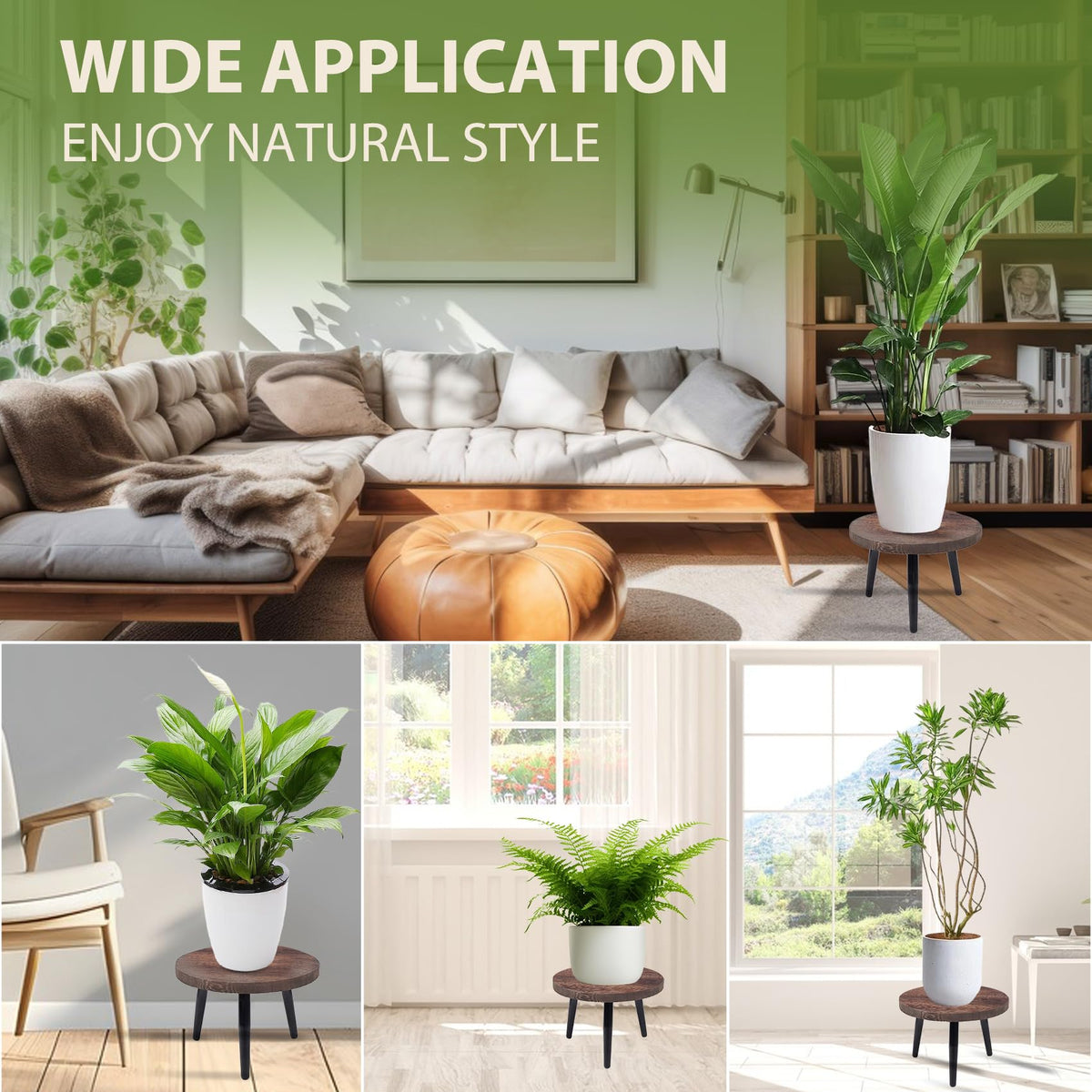 Neracking circular wood plant stand integrated into living room setup for stylish greenery