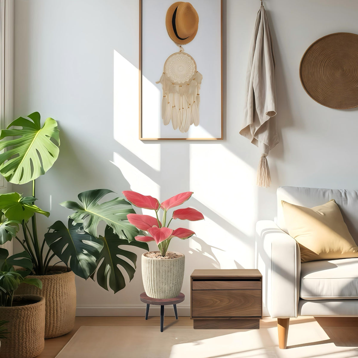 Neracking plant stand close-up reveals natural wood grain and smooth finish